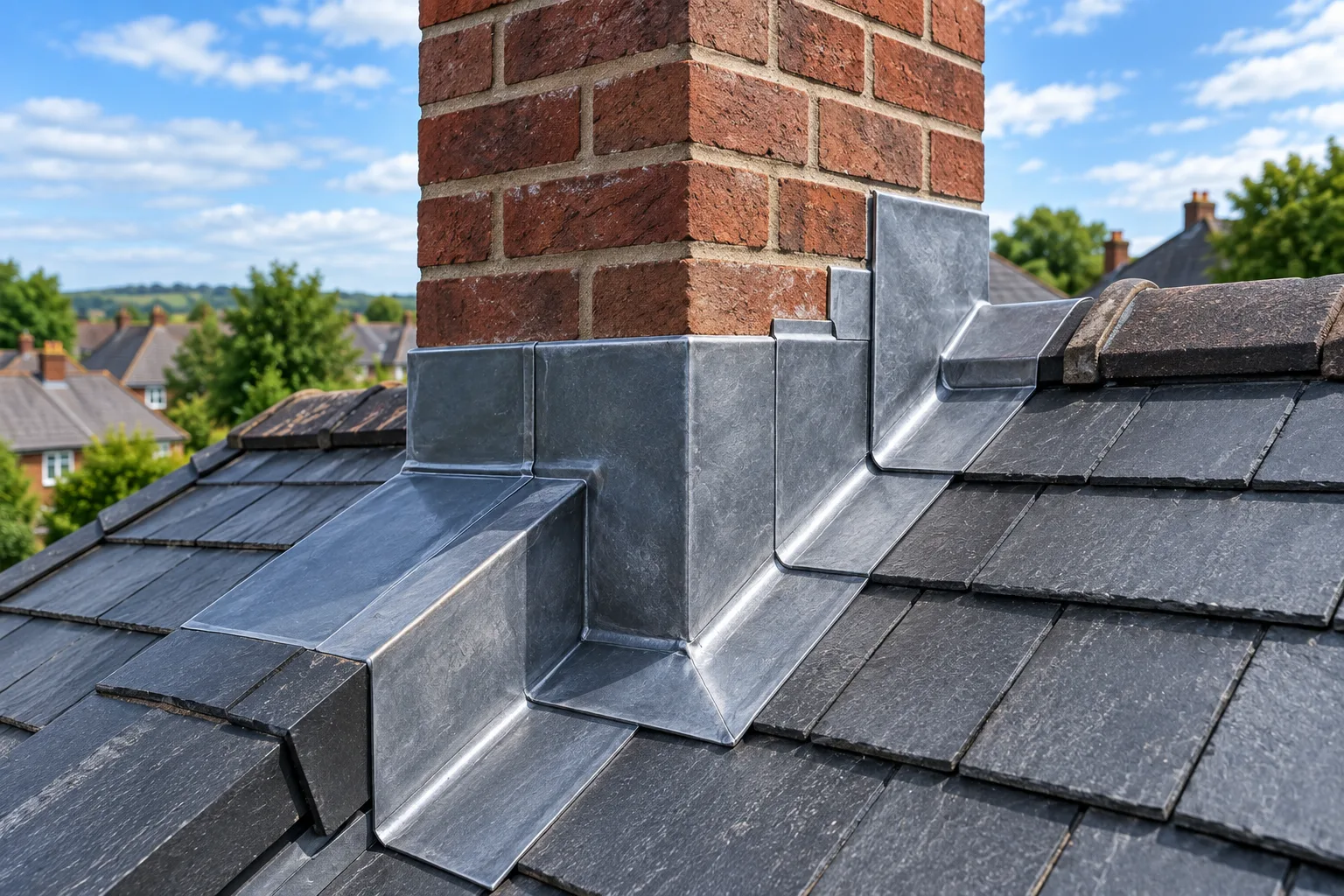 Lead flashing around a chimney by Wales Roofing, lead work specialists in Sheffield
