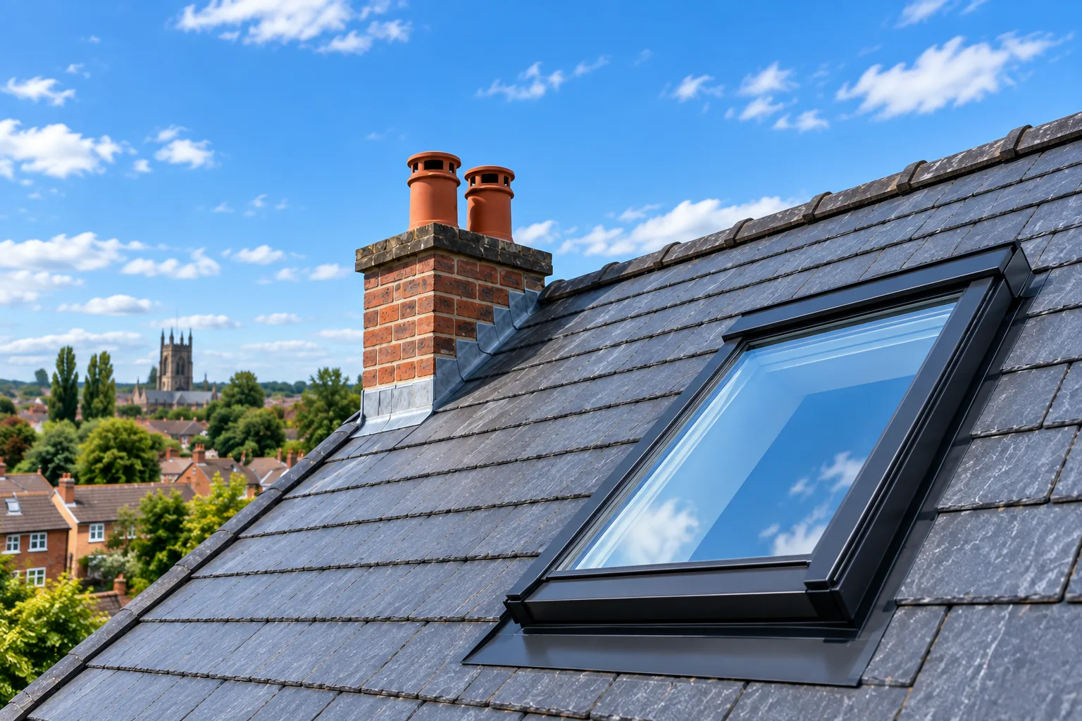 Completed pitched slate roof with roof window by Wales Roofing in Doncaster