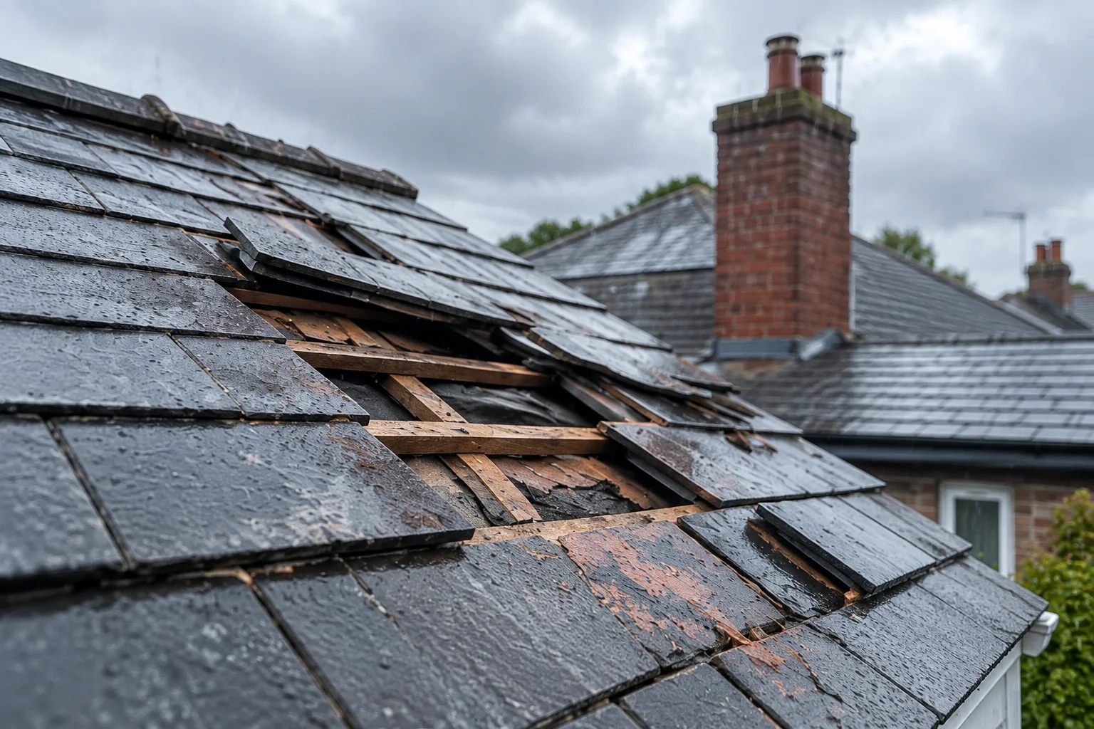 Damaged slate roof requiring emergency roof repair by Wales Roofing in Sheffield