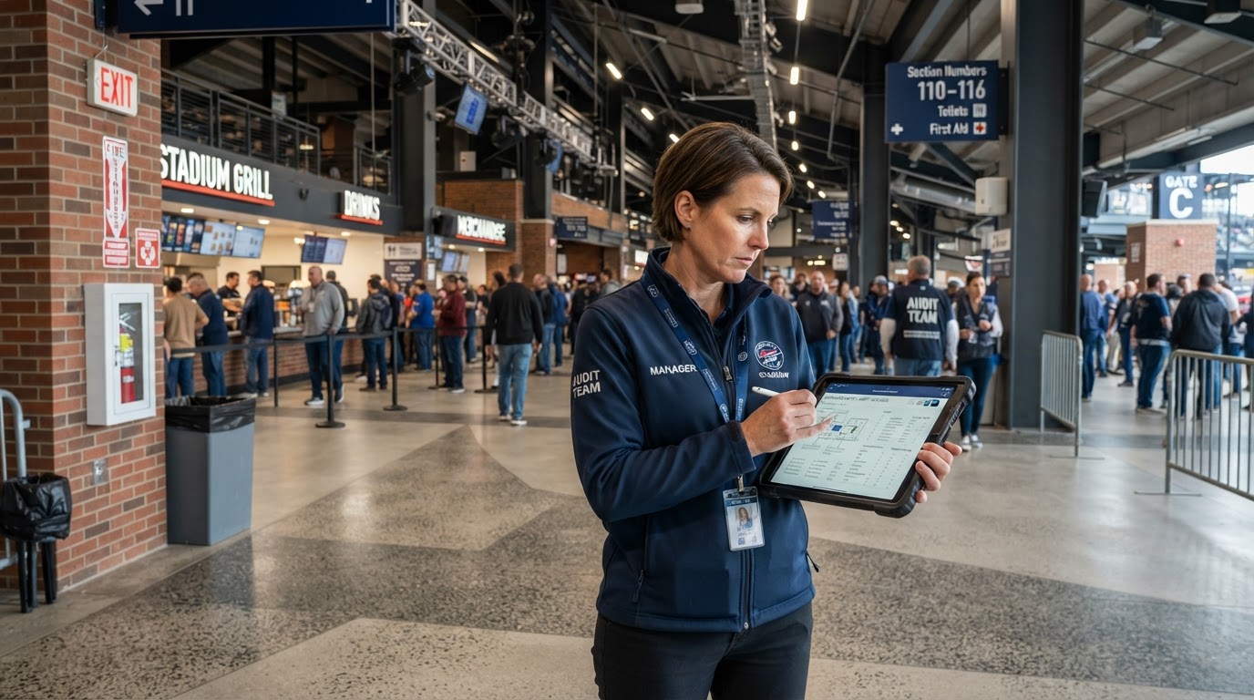 Venue manager inspecting concourse with tablet