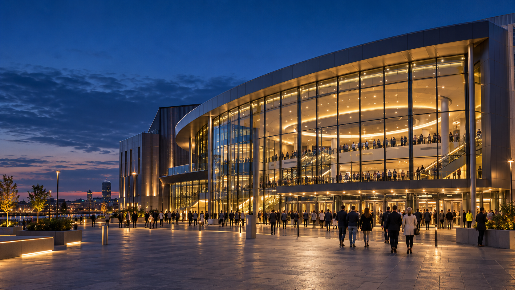 Premier modern venue and arena concourse at dusk