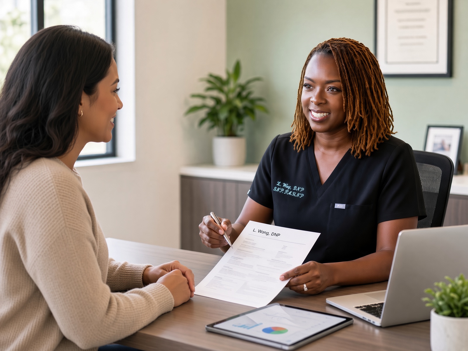 Practitioner explaining test findings and custom plan during a consultation visit