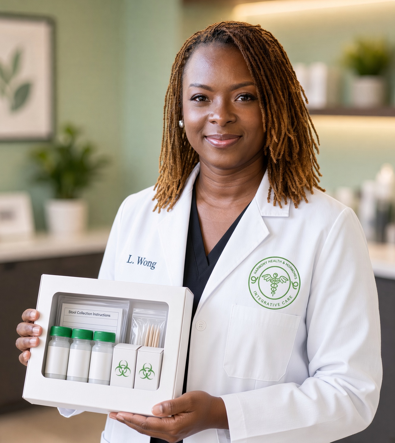 Harmony Health & Hormones clinician holding a personalized functional testing kit