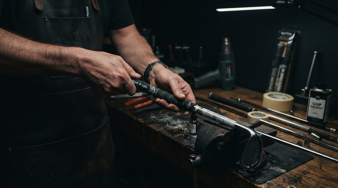 Golf club regriipping work in progress on a workshop bench