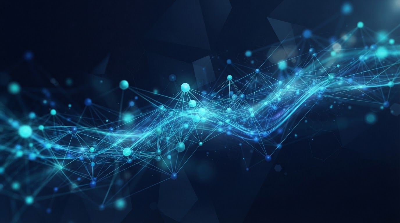 Abstract digital network visualization representing IT infrastructure and connected systems