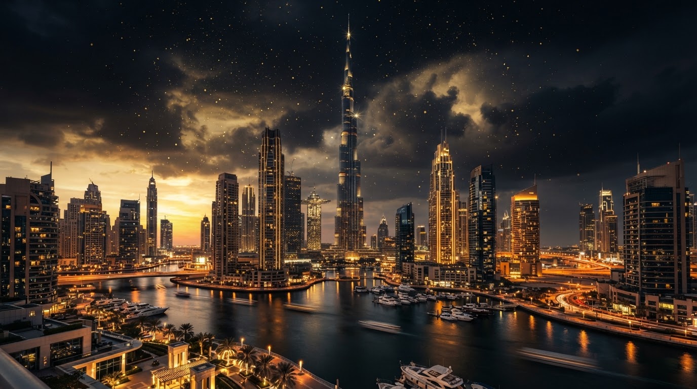 Luxury UAE skyline at golden hour