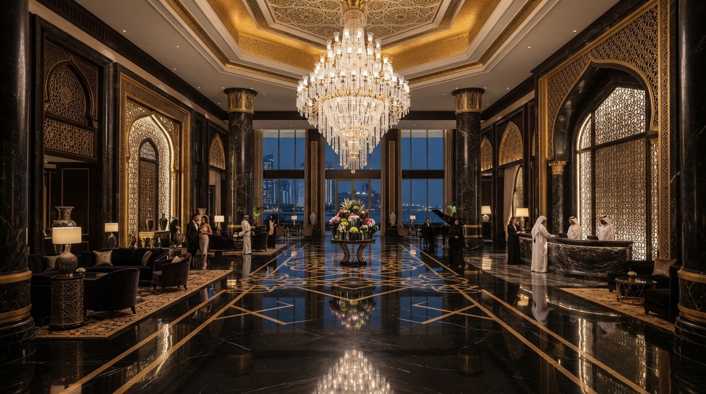 Opulent gold-accented lobby interior