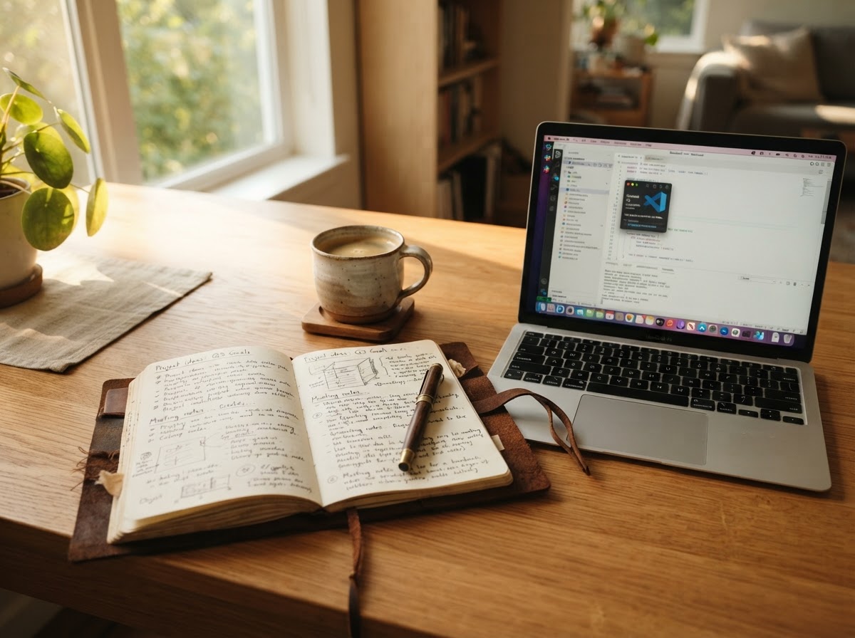 Care Practice Builder desk view with journal and laptop