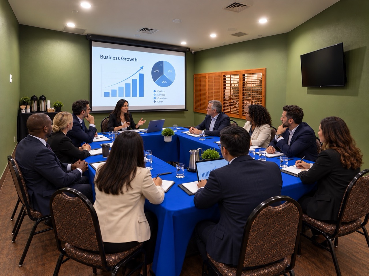 An intimate business meeting in a small conference room at Marco LaGuardia Hotel & Suites