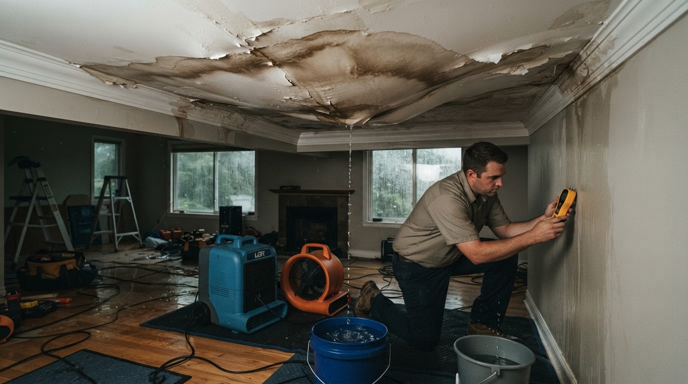 Ceiling water damage from a roof leak during heavy rain with professional drying equipment and moisture meters in a New Braunfels TX home