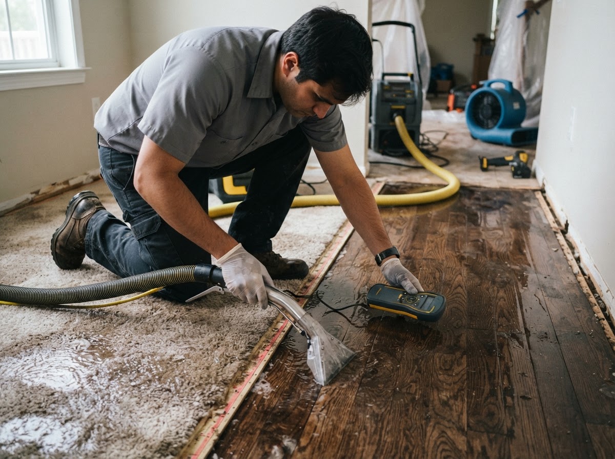 Flooring carpet and hardwood water damage cleanup in New Braunfels