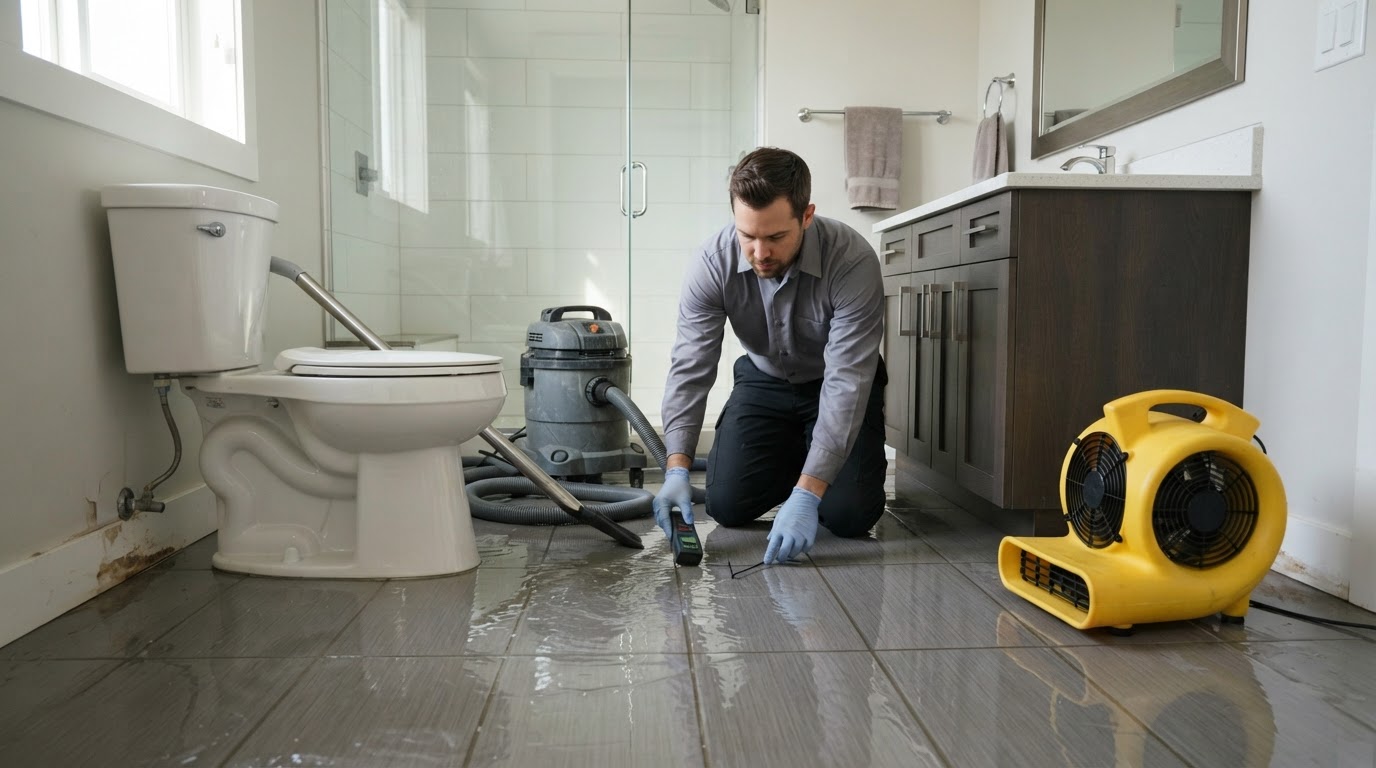Bathroom water damage cleanup with extraction equipment removing water from a tile floor around a toilet and vanity in a New Braunfels TX home