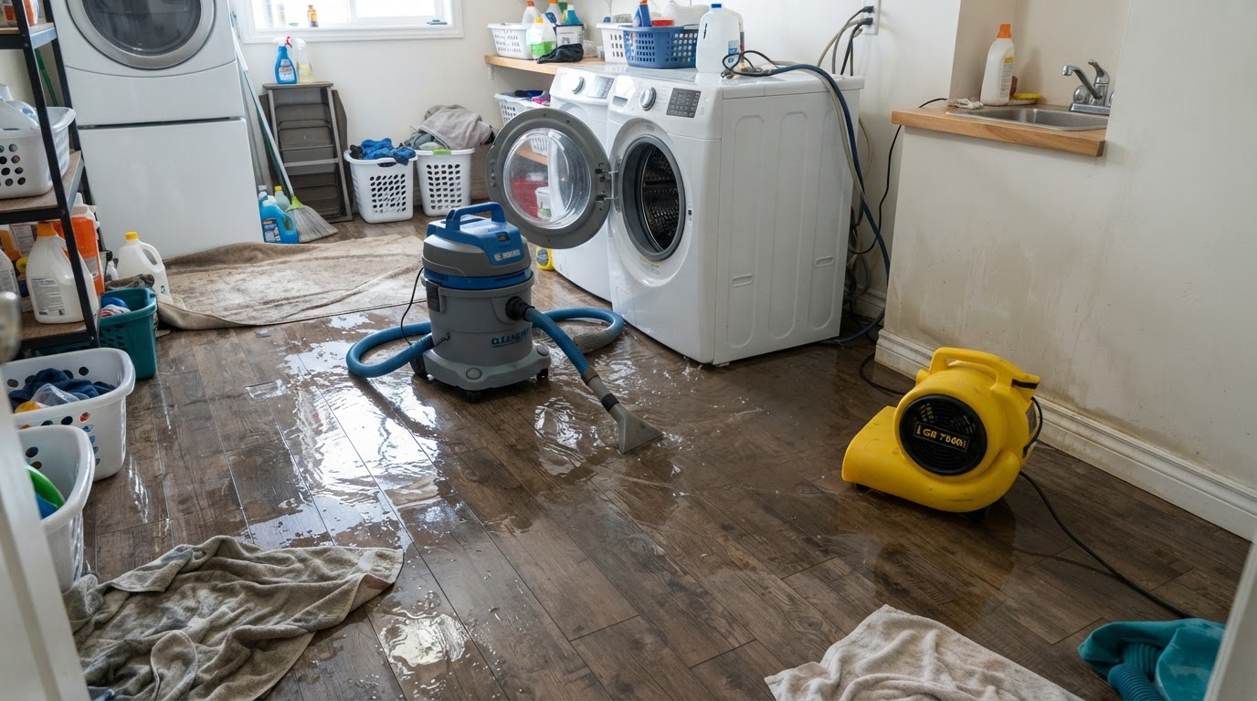 Washing machine overflow cleanup with water spreading across a laundry room floor and extraction equipment operating in a New Braunfels TX home