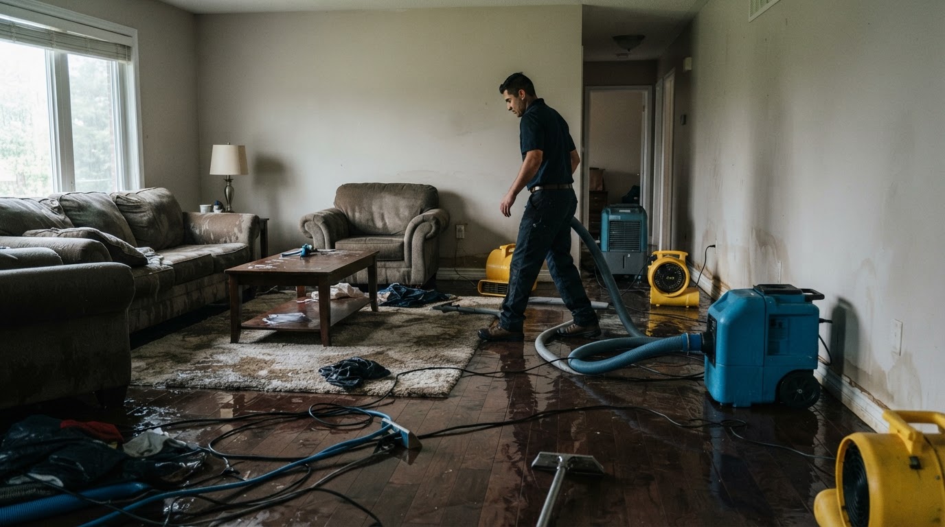 Flooded residential room with professional extraction and drying equipment operating during flood damage cleanup in New Braunfels TX