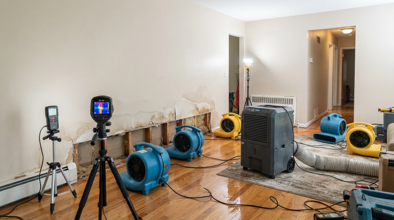 Commercial air movers and dehumidifier drying a water-damaged room with moisture meter equipment in a New Braunfels TX property