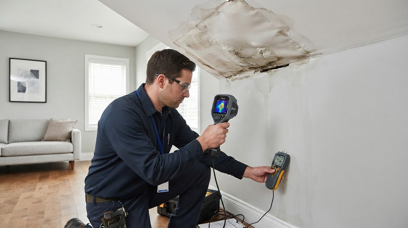 Technician using a thermal imaging camera and moisture meter to detect hidden water damage inside a ceiling and wall cavity after a roof leak in a New Braunfels TX home