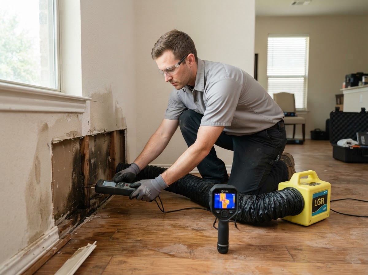 Ceiling wall and floor water damage cleanup in New Braunfels
