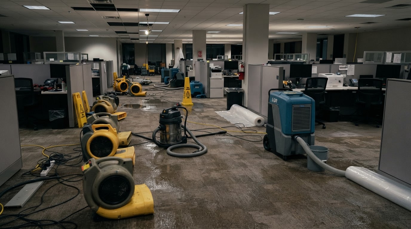 Commercial water damage restoration equipment operating inside a wet office building in New Braunfels TX