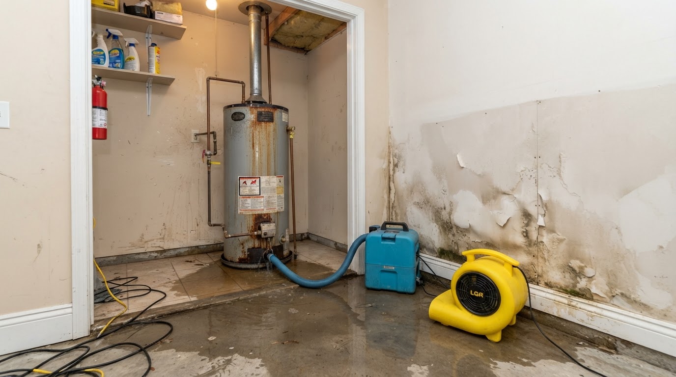 Water heater leak cleanup with water pooling on the floor around a residential tank heater and extraction equipment in a New Braunfels TX utility room