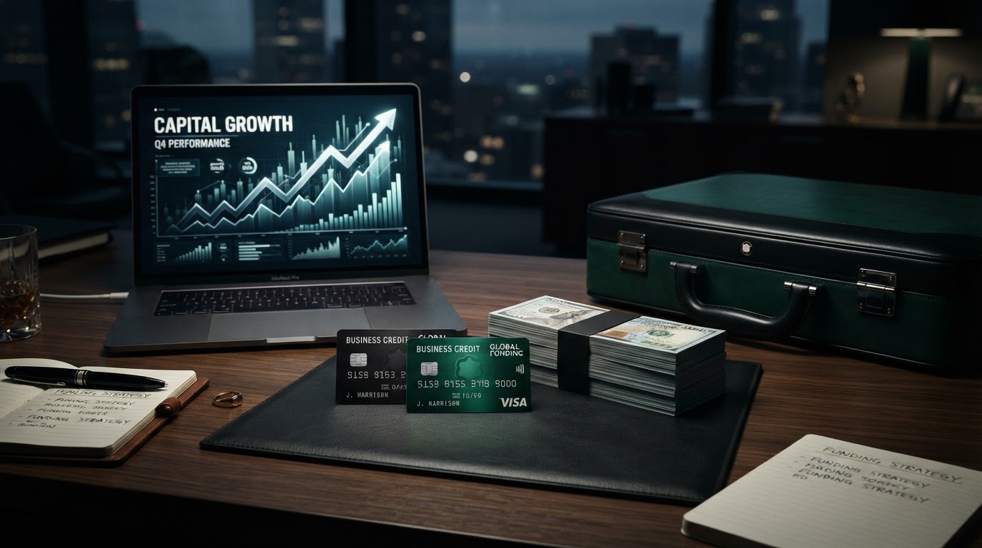Business credit cards, laptop with growth charts and currency