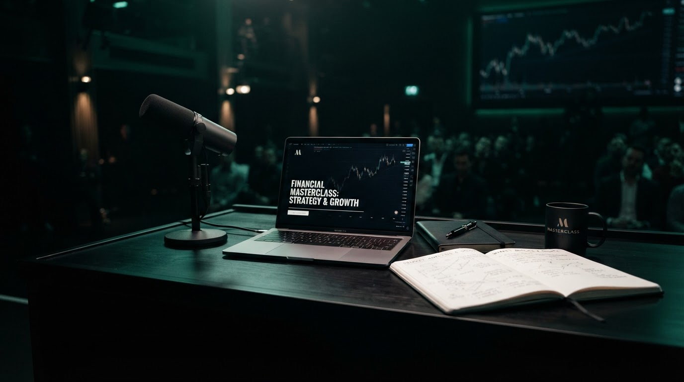 Masterclass presentation setup with microphone and laptop