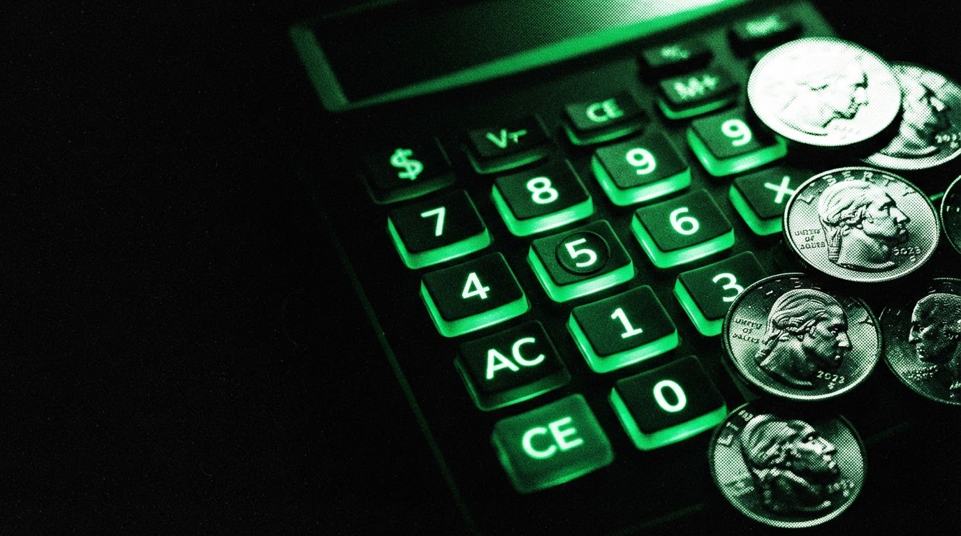 Macro close-up of a calculator keypad and coins