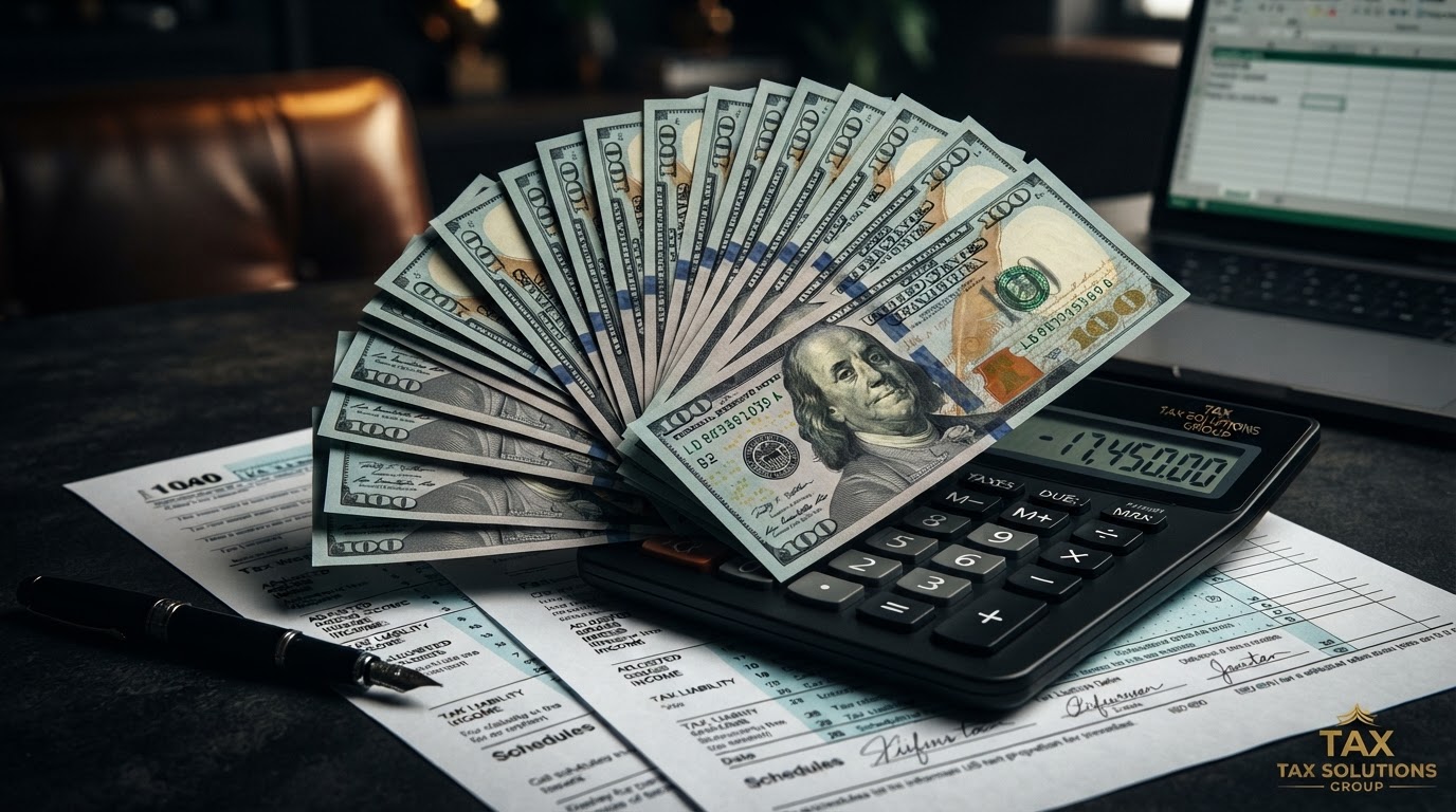 US currency, calculator and tax forms with dramatic lighting