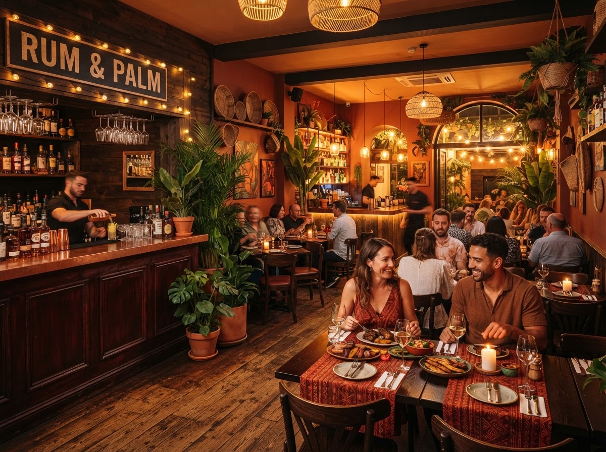 Warm, inviting interior of Lorna's Caribbean restaurant