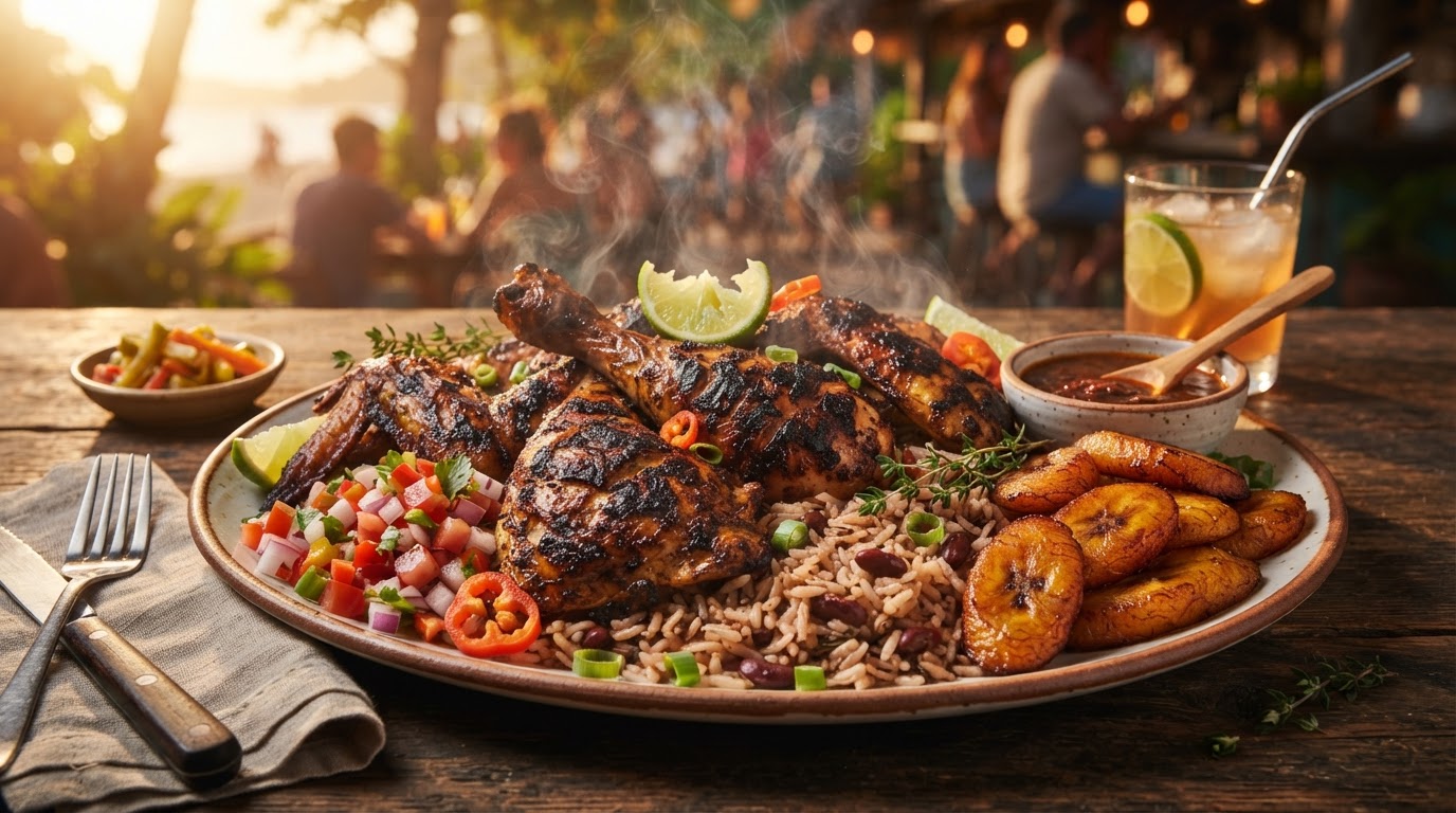 Caribbean jerk chicken platter with rice, peas and plantains