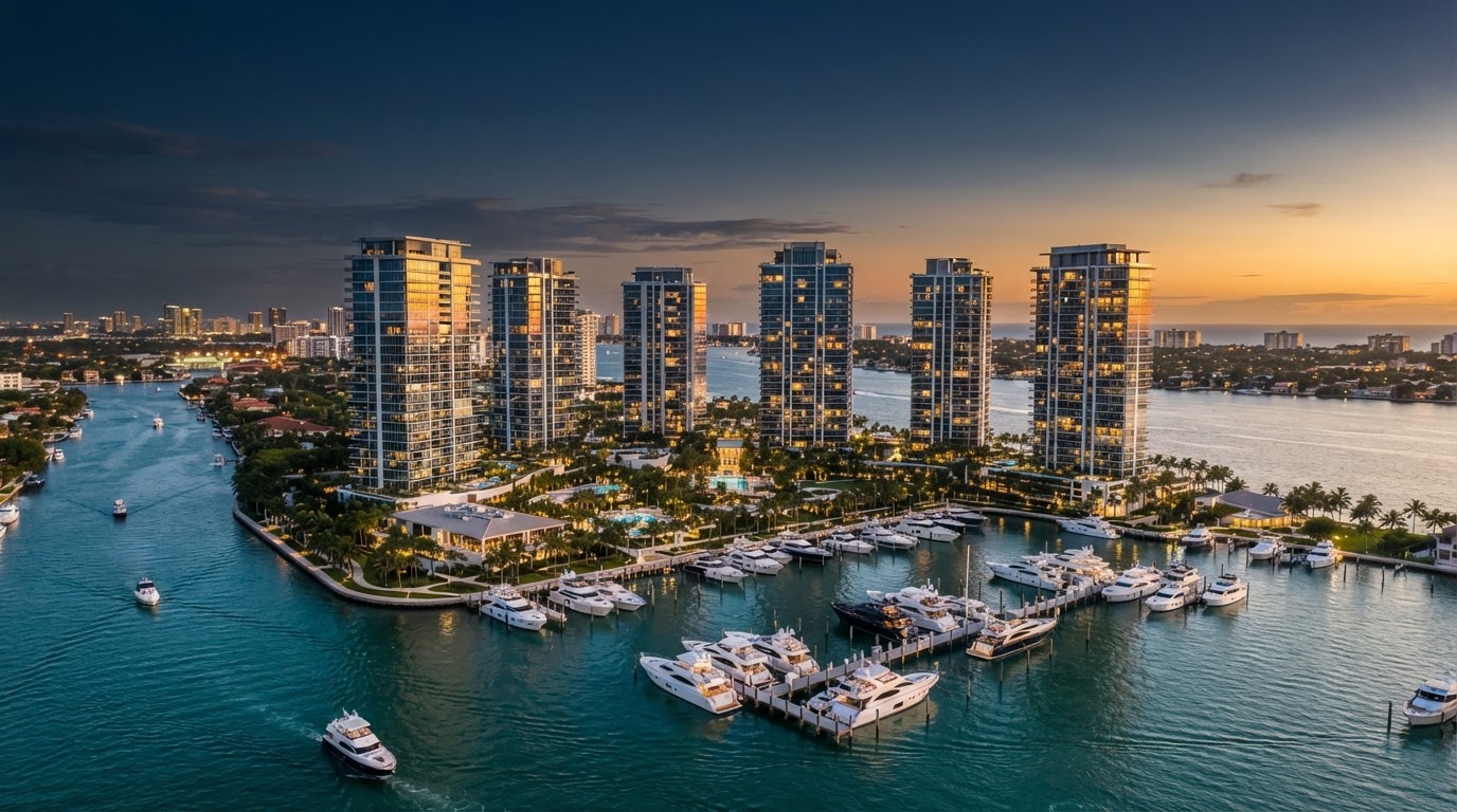 Mystic Pointe Aventura waterfront condos community aerial view at sunset