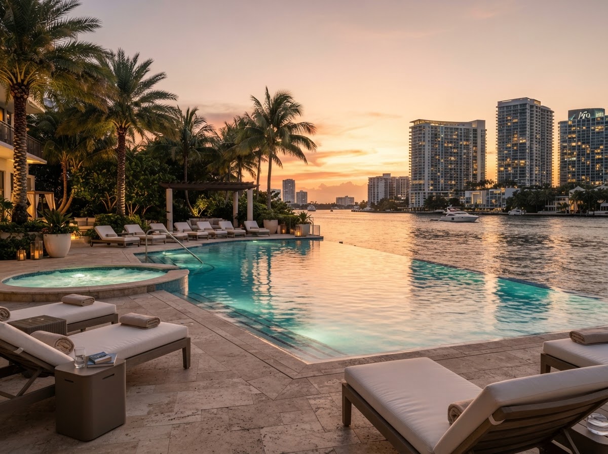 Resort-style swimming pool overlooking the waterfront at Mystic Pointe