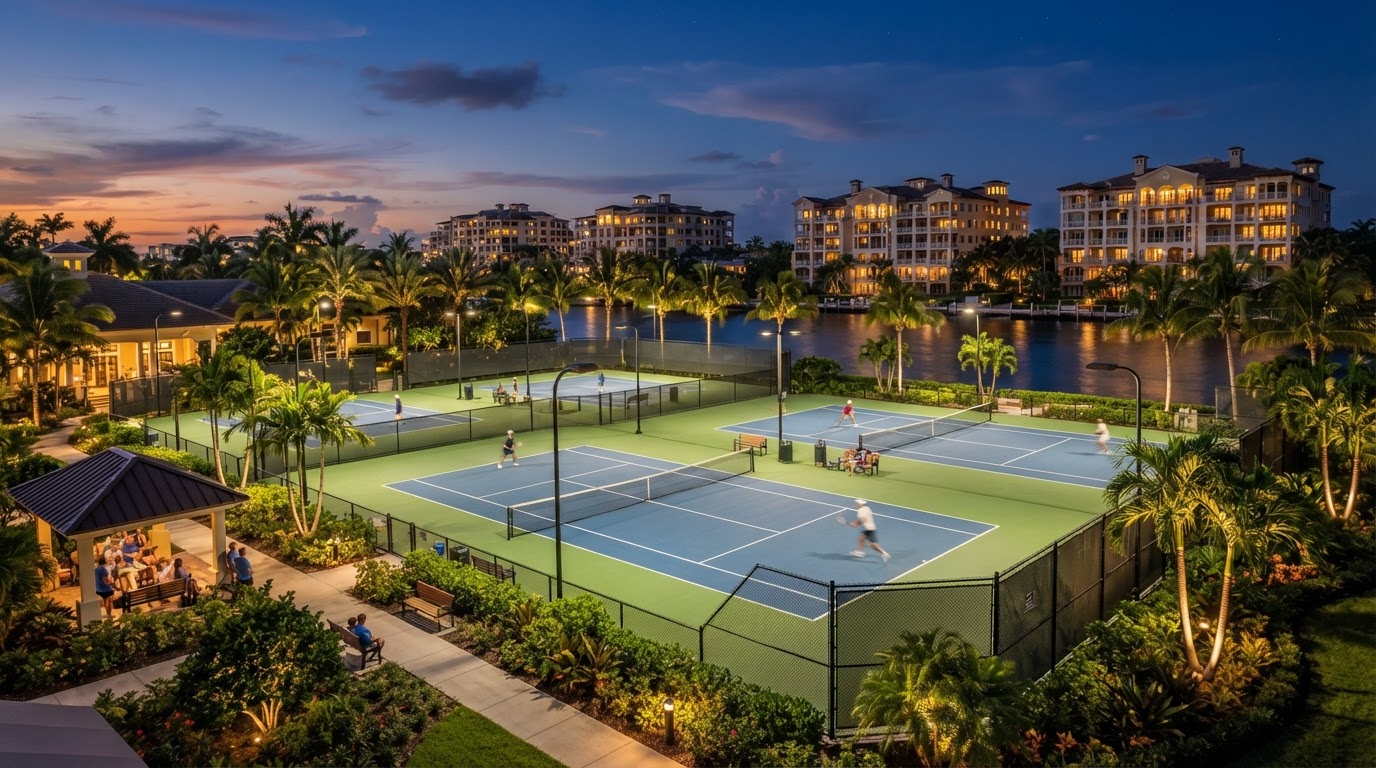 Canchas de tenis iluminadas en Mystic Pointe