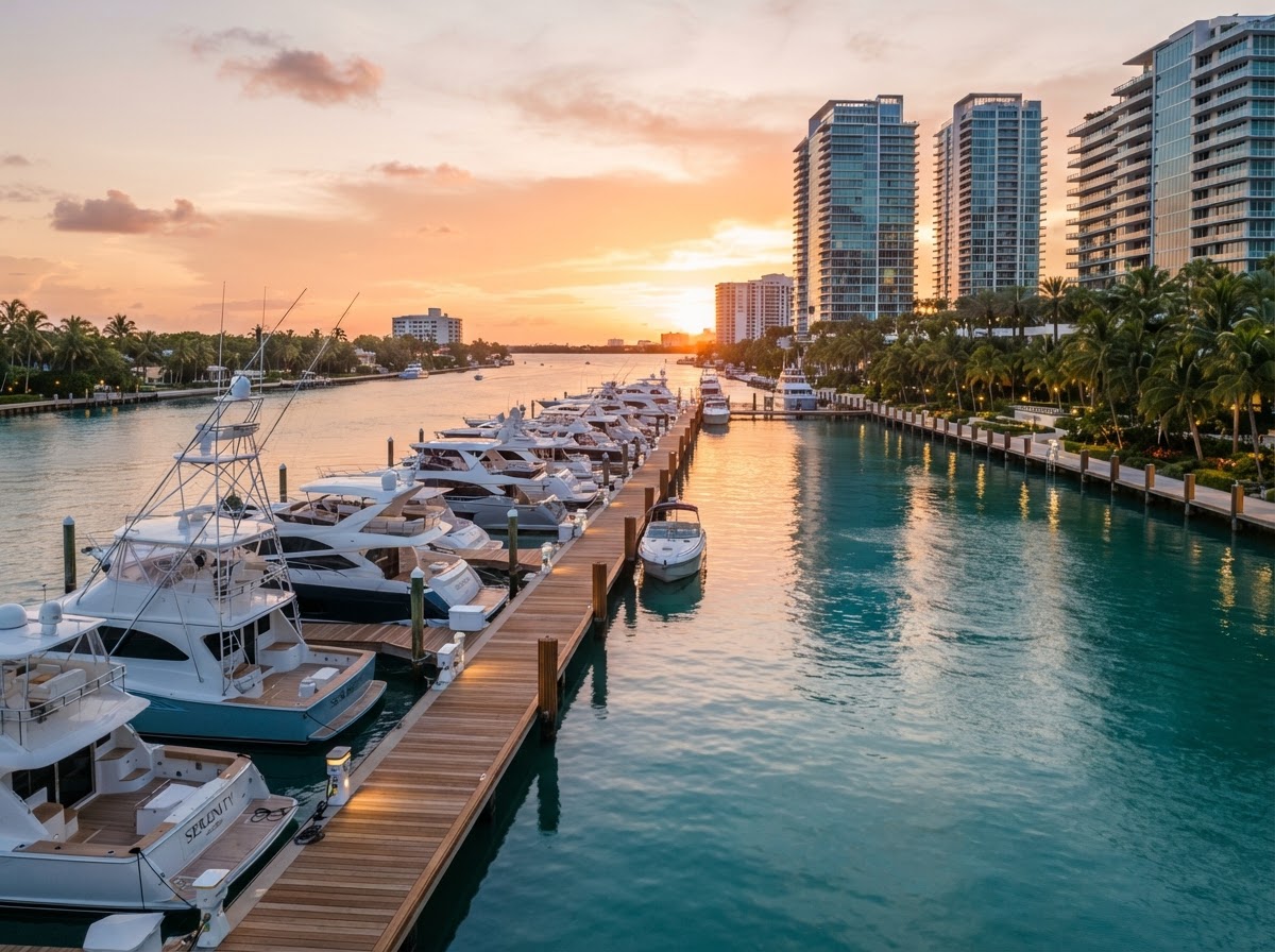 Mystic Pointe private marina with docked yachts at golden hour