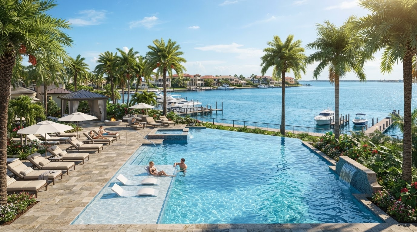 Piscina climatizada frente al agua en Mystic Pointe
