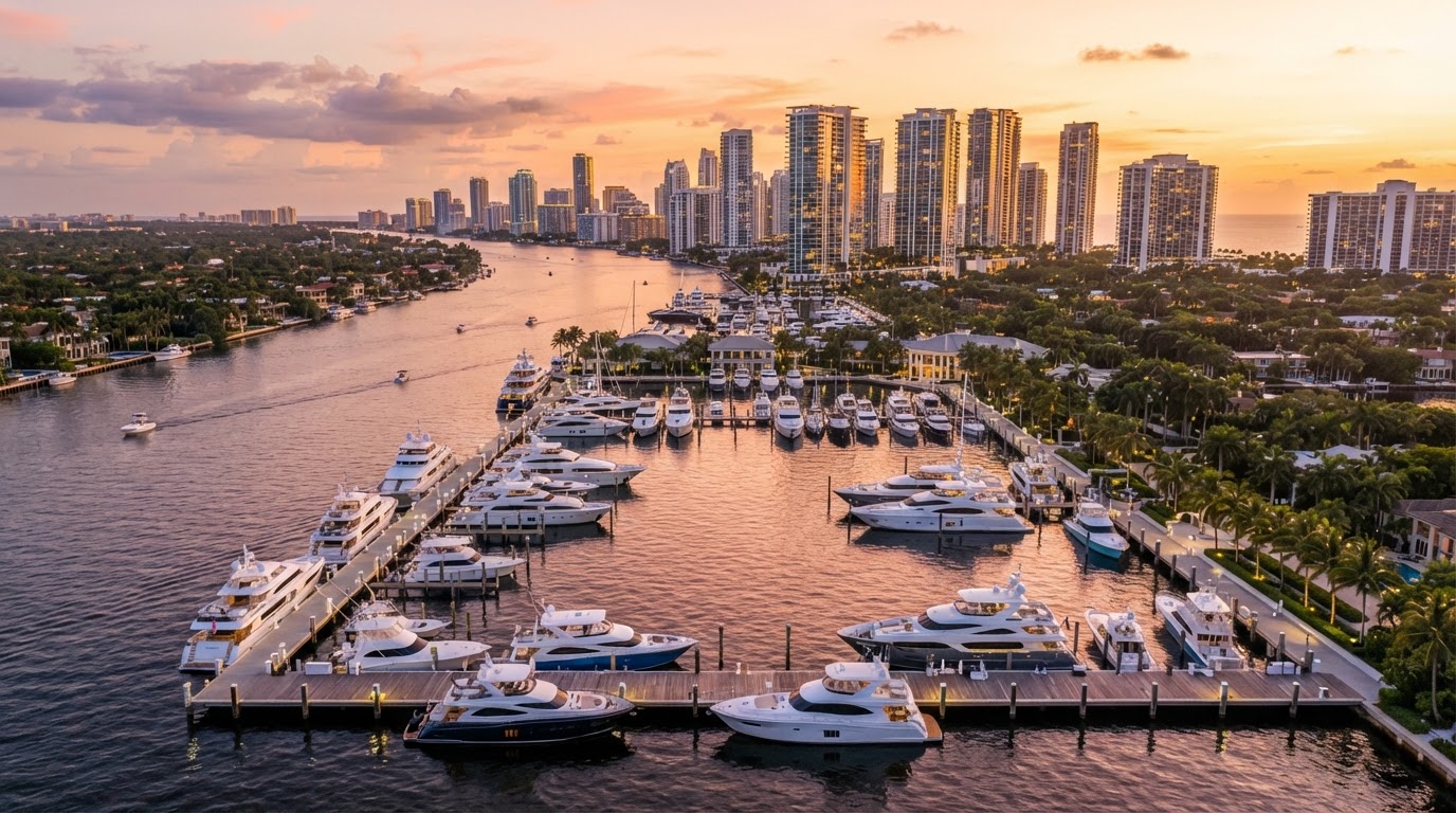 Marina privada de Mystic Pointe con yates al atardecer