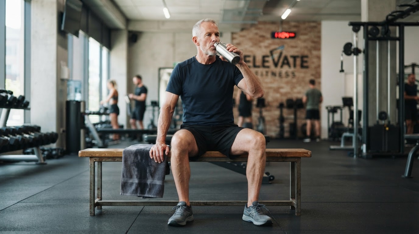 Man over 50 recovering after a strength-training workout in a gym