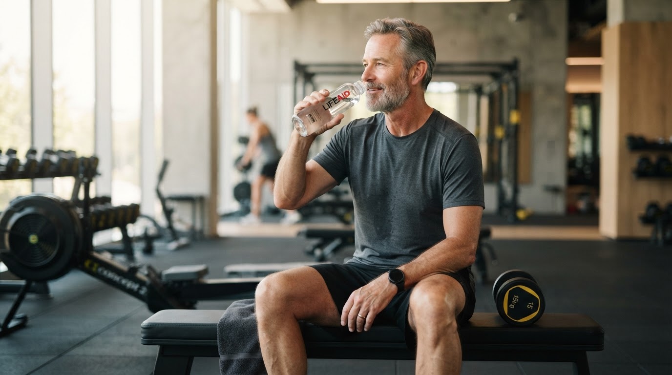 Man over 50 recovering after a strength-training workout in a gym