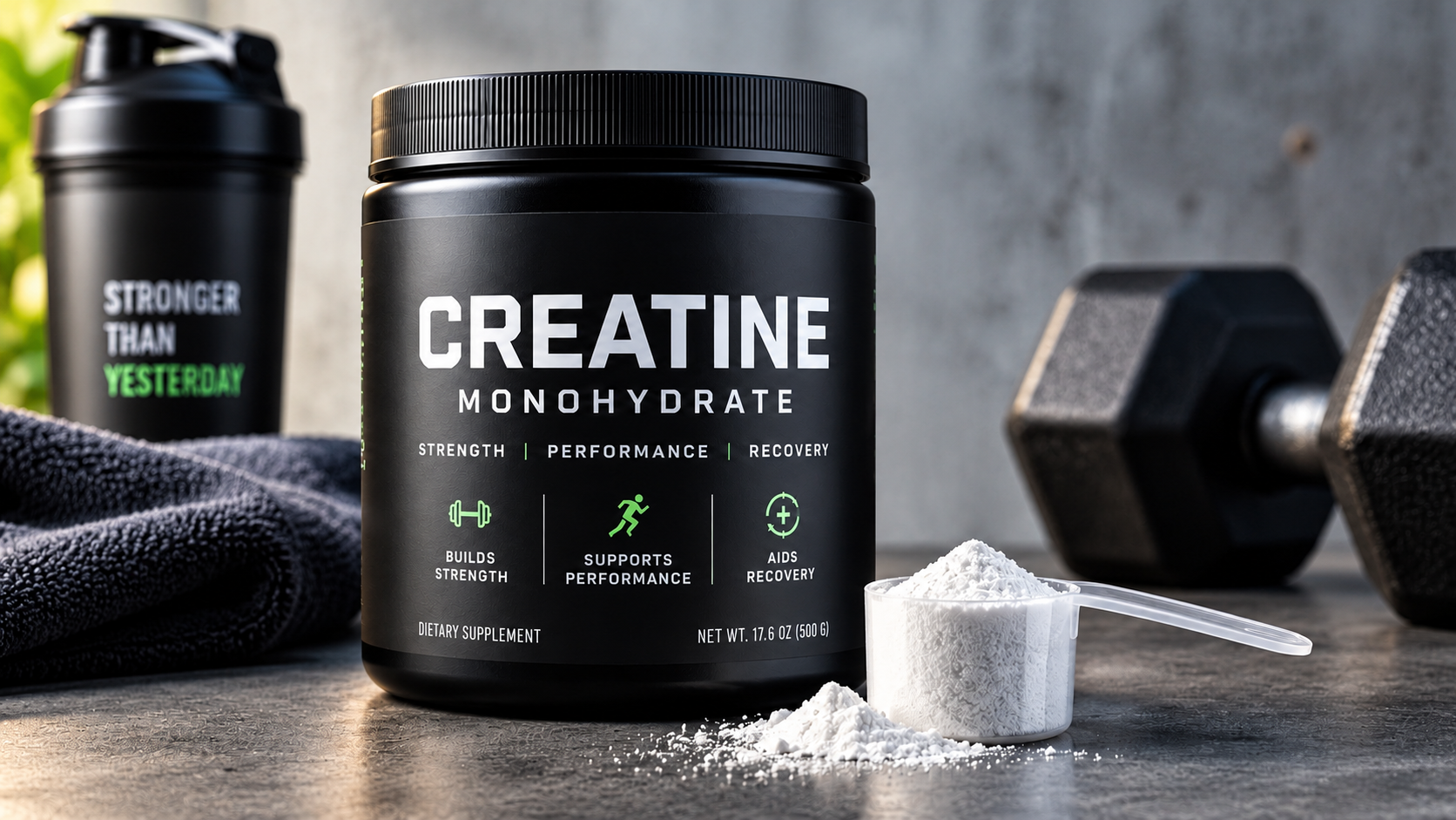 Creatine monohydrate supplement container with scoop