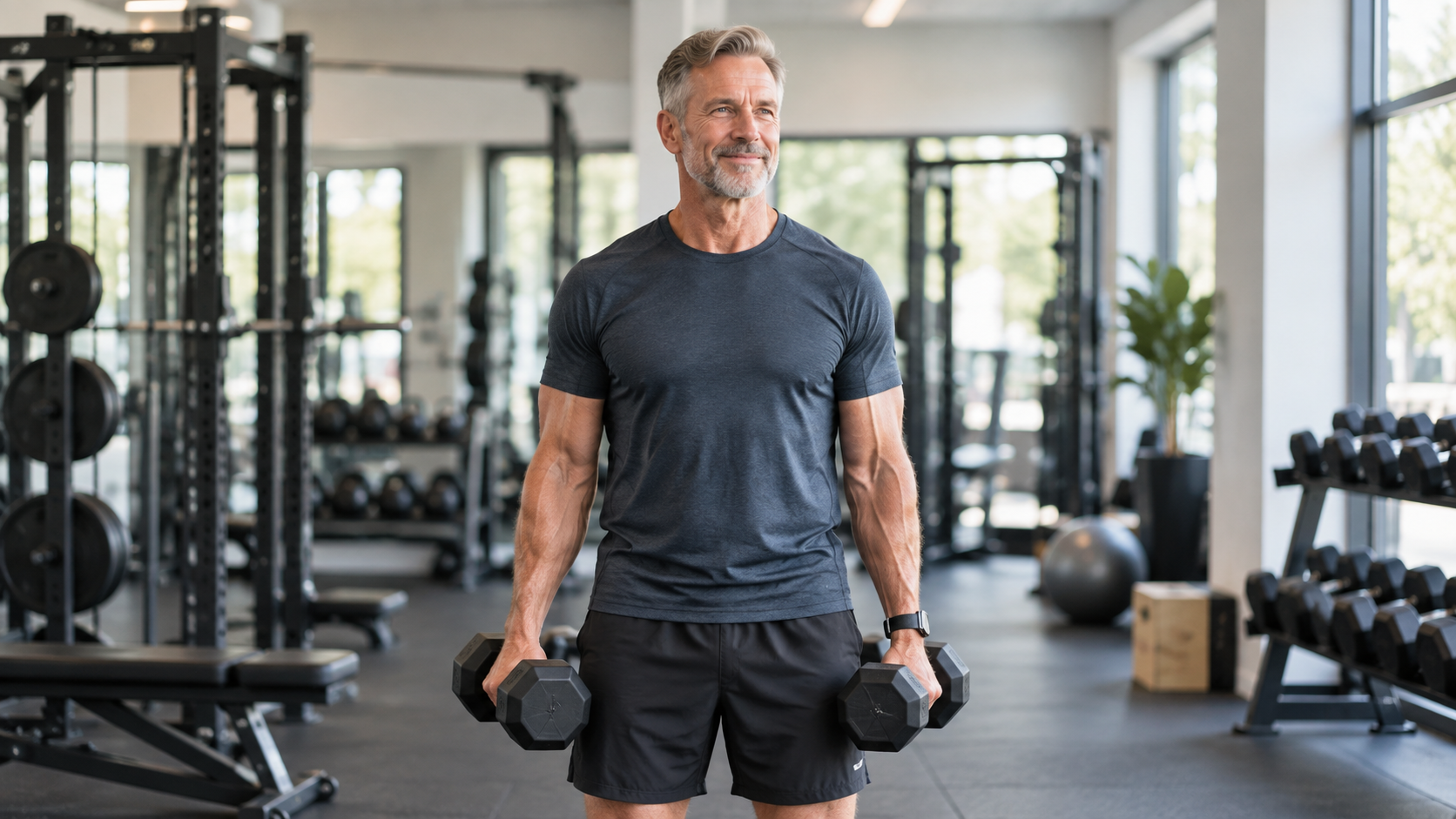 Man over 50 restarting strength training with dumbbells in a gym
