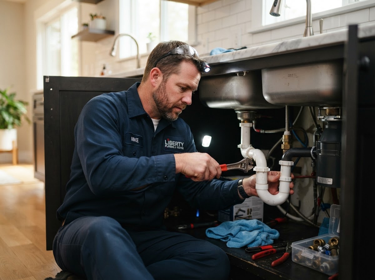 Plumber performing residential plumbing repair in Prairie Village