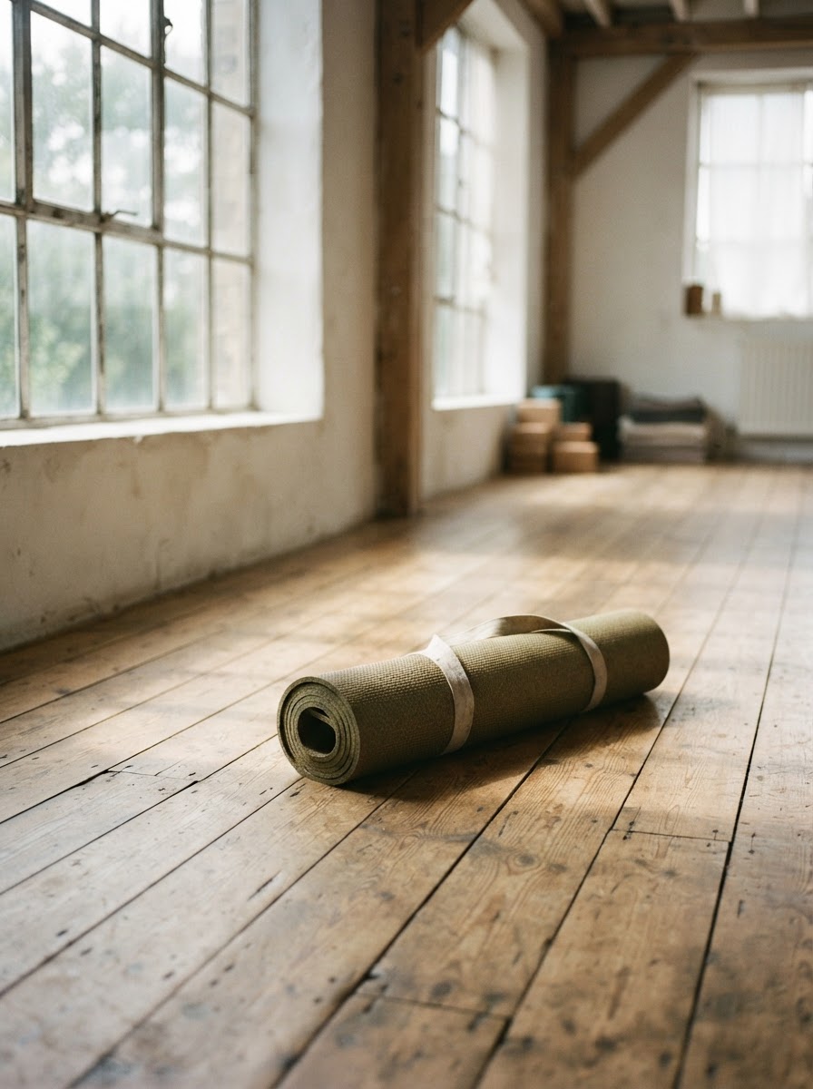 A rolled yoga mat in soft window light