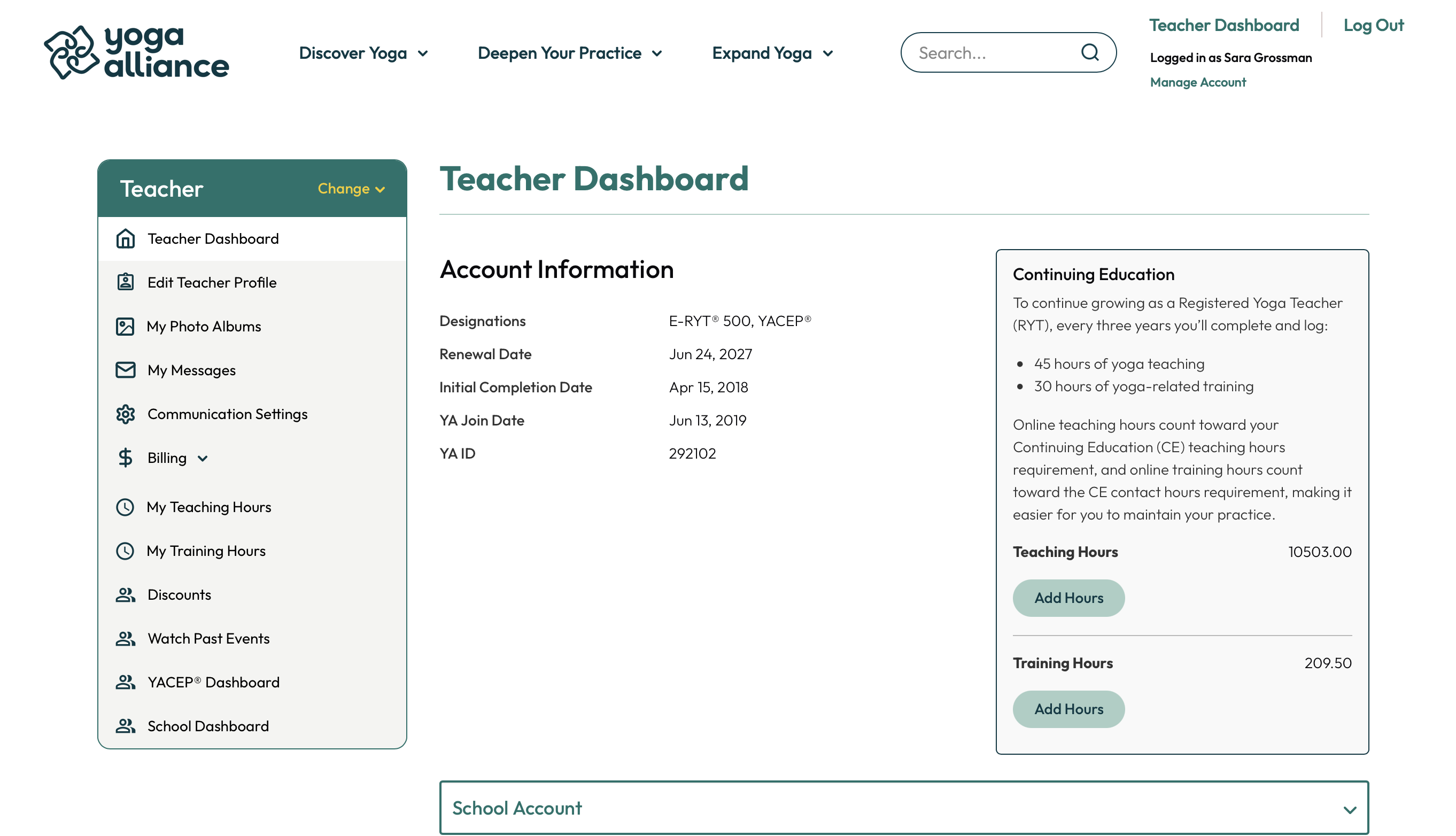 Yoga Alliance Teacher Dashboard Verification Yoga Alliance verified dashboard verifying E-RYT 500 and YACEP credentials