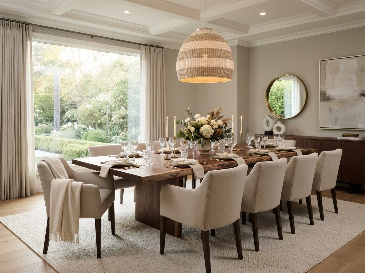 Staged dining room with wooden table and elegant neutral setting