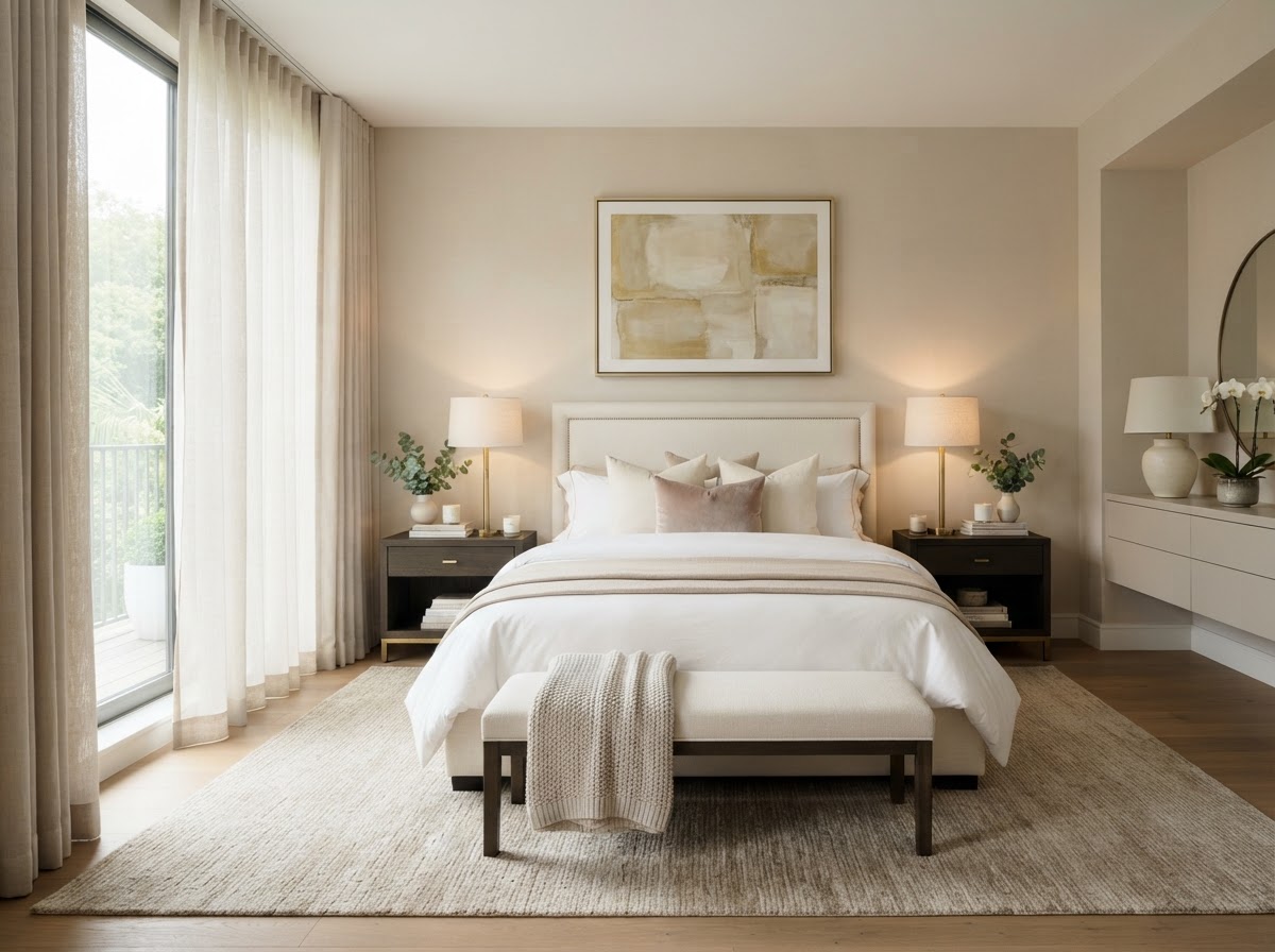 Staged master bedroom with layered neutral linens and brass lamps