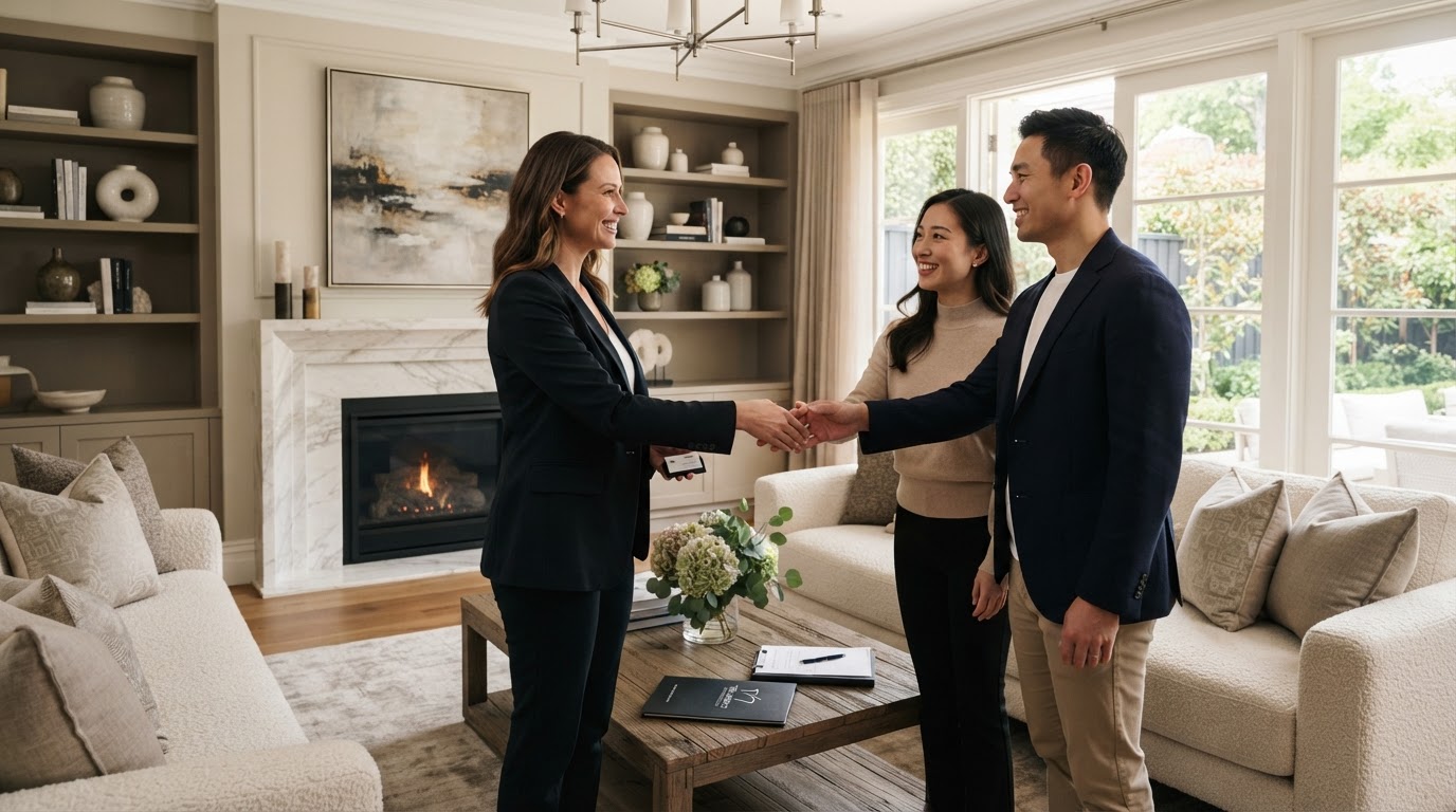 Real estate professional collaboration in a beautifully staged living room