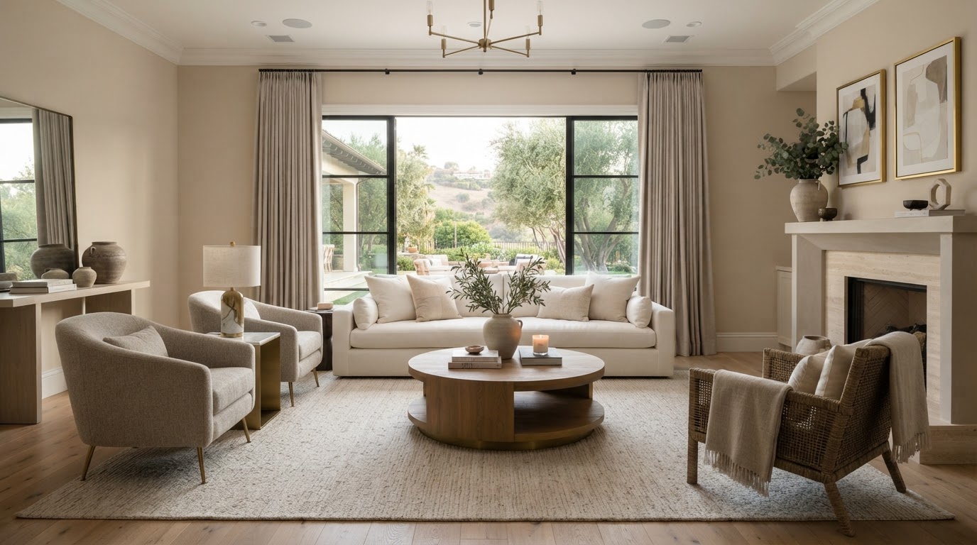 Beautifully staged luxury living room with neutral contemporary furniture and warm natural light
