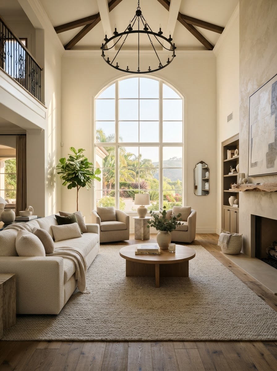 Luxury staged living space with high ceilings and arched windows