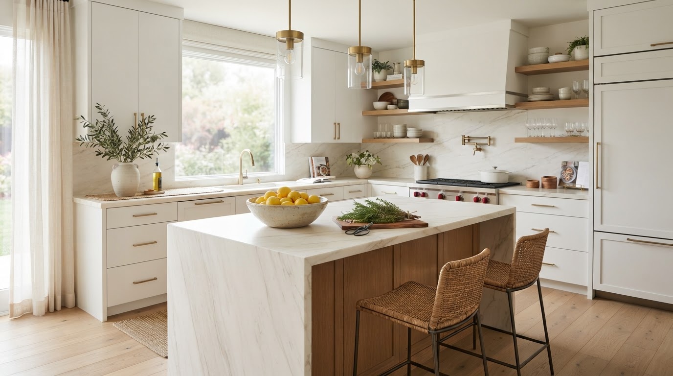 Staged modern kitchen with marble countertops and styled accessories