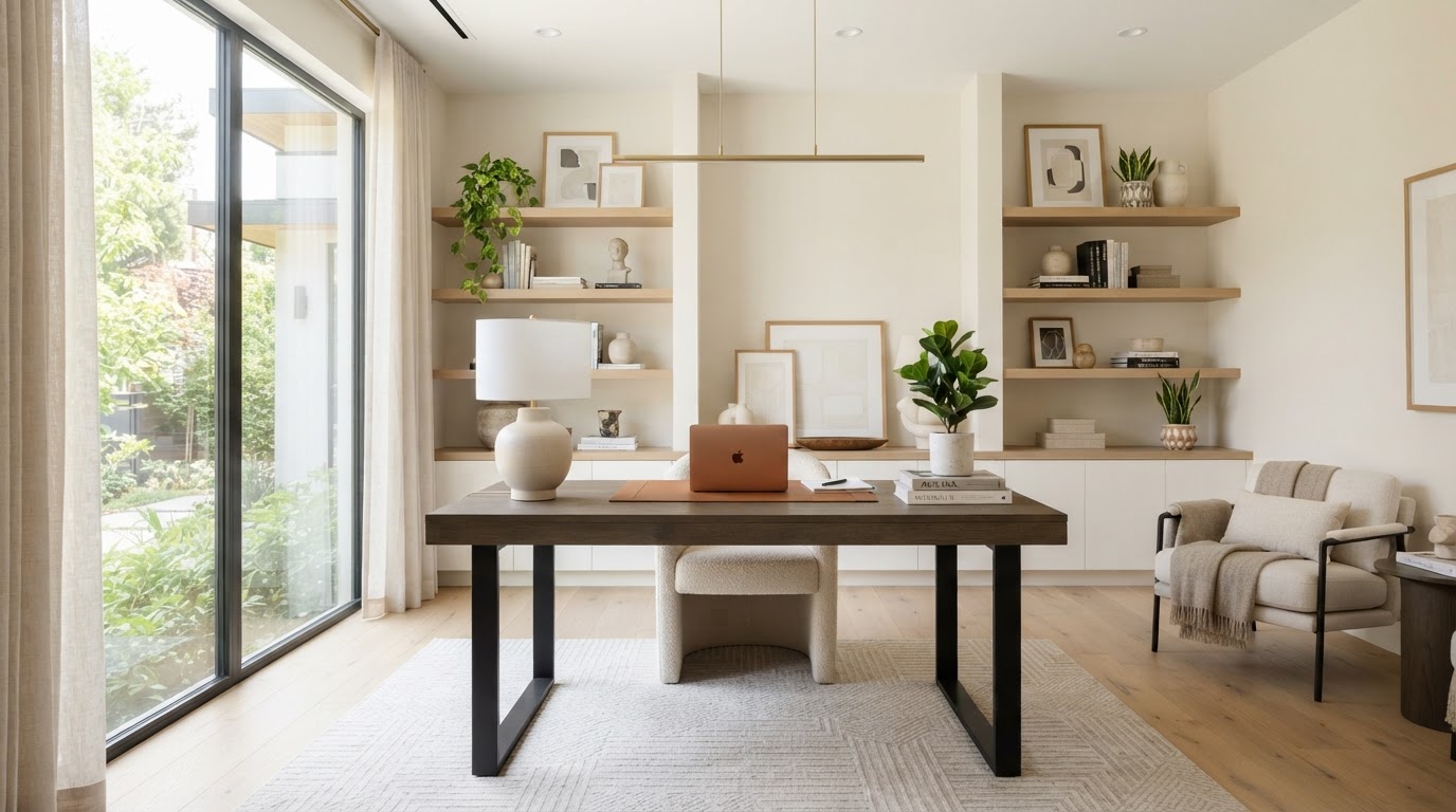 Staged home office with neutral desk and styled shelves
