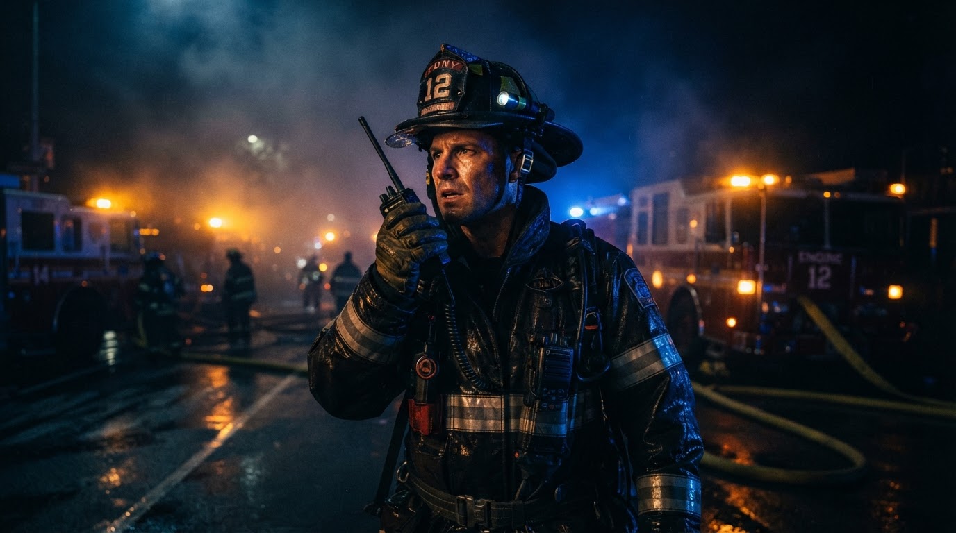 Firefighter carrying heavy radio unit on scene